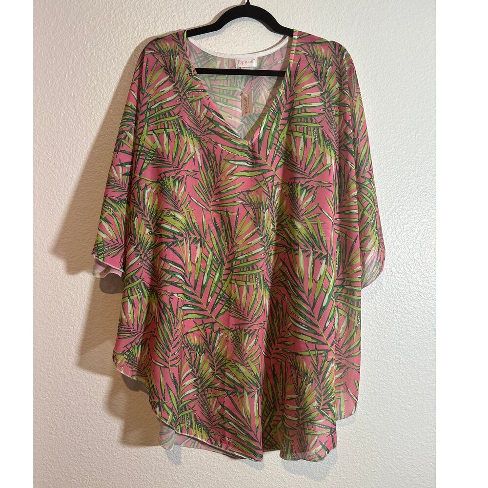 Top it Off NWT One Size Pink Green Palm Frond V-Neck Swimsuit Tropical Cover-Up